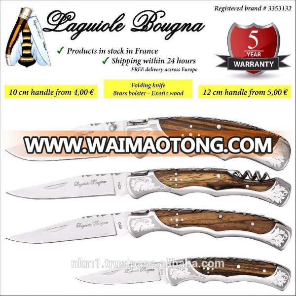 Laguiole bougna pocket knife, colored wood, stainless steel folding blade, utility & camping. 5 years guarantee.